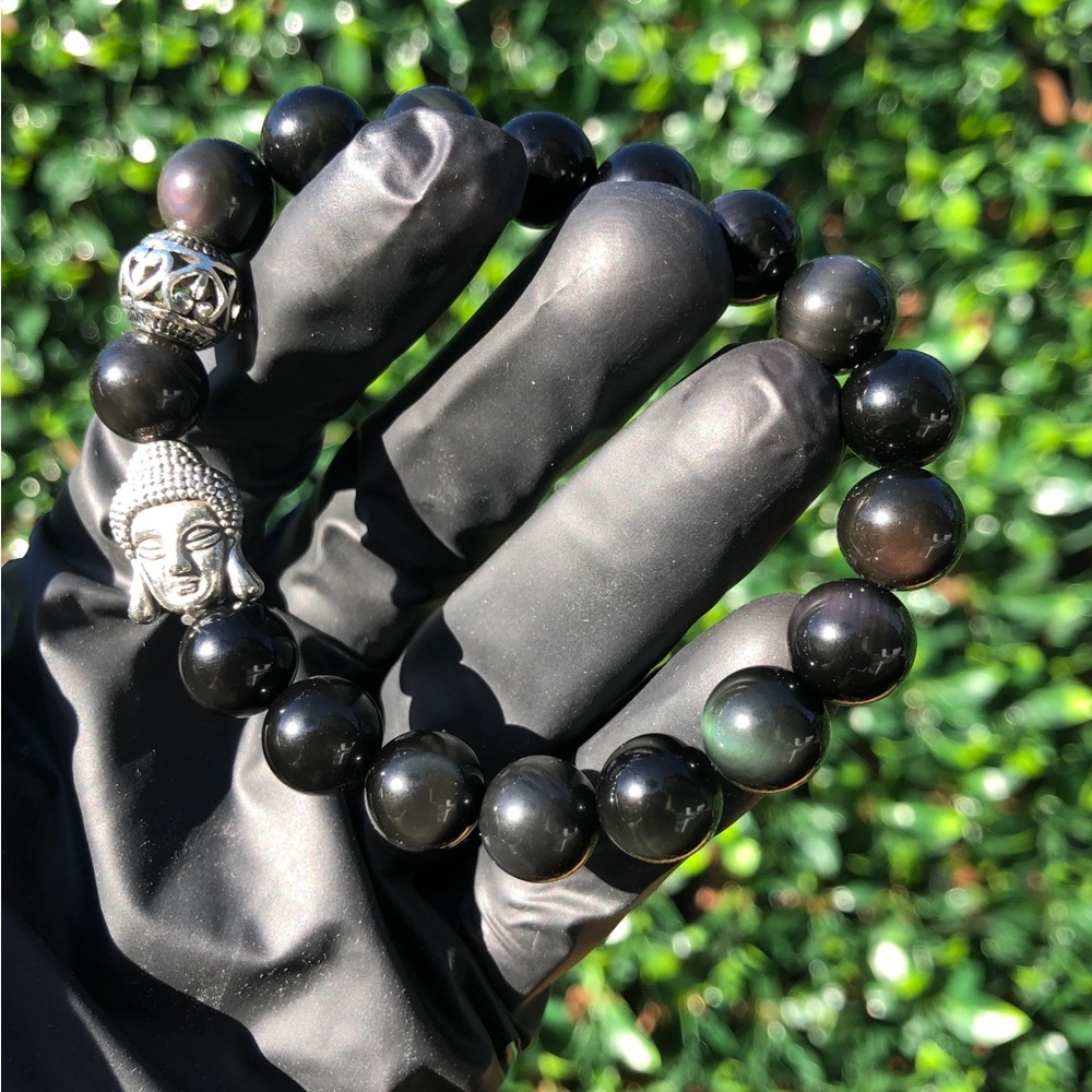 Authentic Rainbow Obsidian Bracelet with Silver Buddha